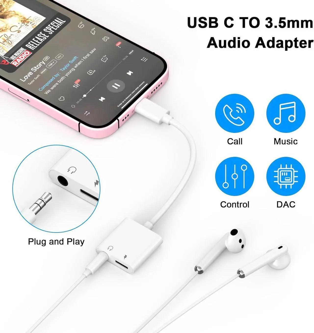 USB-C to 3.5mm Audio Adapter with Charging Port 2-in-1